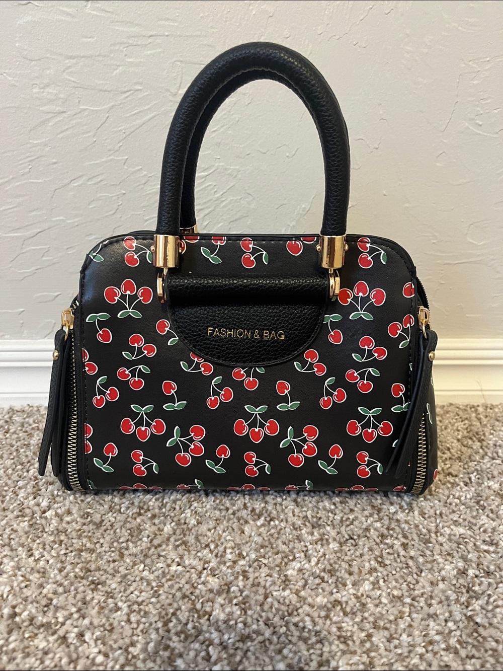 Black Cherry Print Satchel Handbag